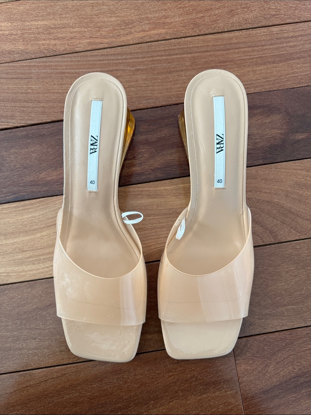 Zara Beige Clear Strap Mule Sandals with Gold Heel